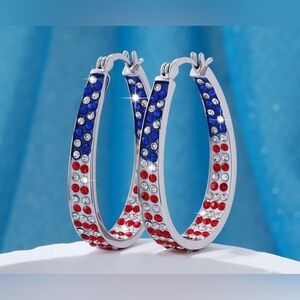 Red, Blue, and White - Silver Hoop Earrings